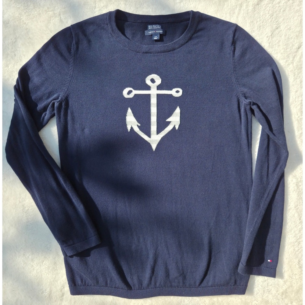 Tommy Hilfiger Womens Anchor Intarsia Sweater L Navy Blue 100% Pima Cotton